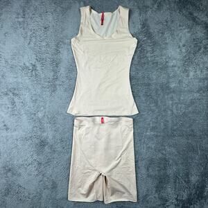 Spanx Thinstincts 2.0 Shaping Shorts & Tank Top Shirt Set Beige Gym Workout S